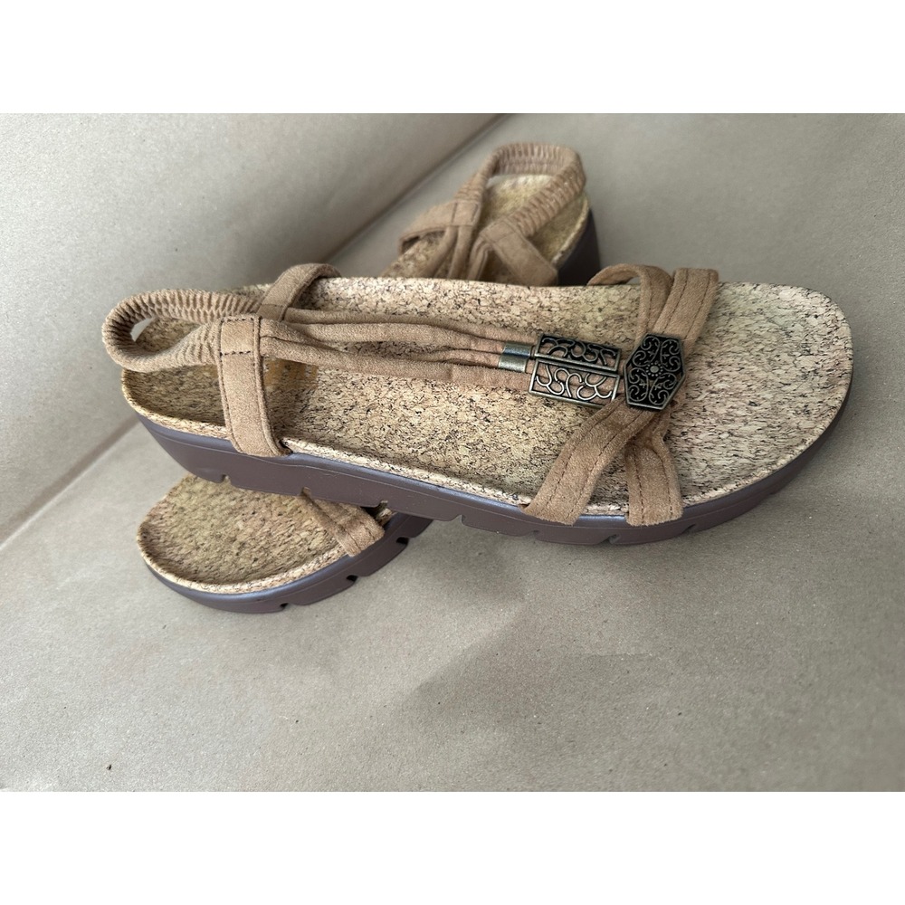 Alegria Roz-7430 Tan Strappy Slingback Wedge Sandals Ornate Metal Detail Size 41